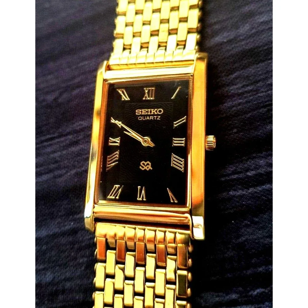 RARE Seiko SQ Tank Mens‎ Watch Gorgeous Black Dial Italian Milanese